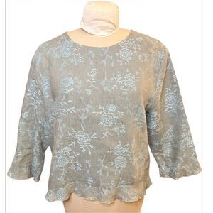 Cottage Clothing, Inc. 100% Linen Top 3/5 Sleeves Ruffle Hem Medium